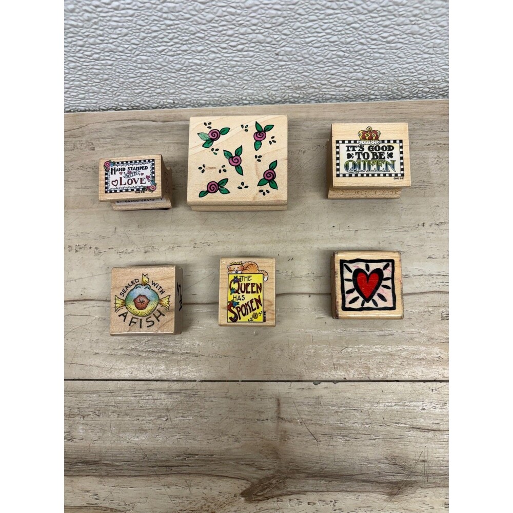 Set Of 6 Wood Mounted Rubber Stamps
